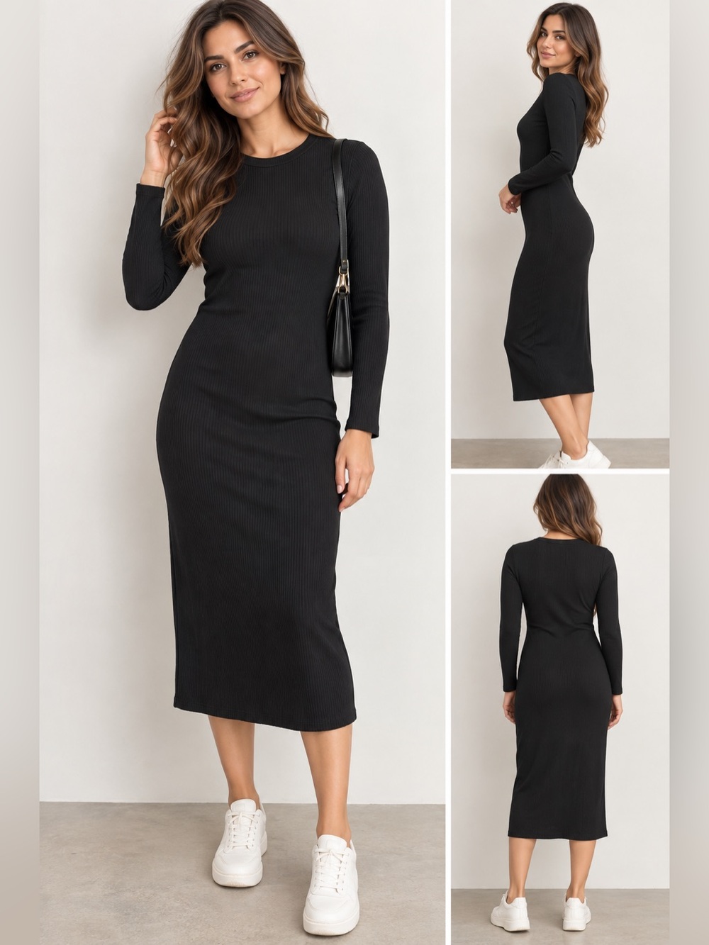 Uniqlo Black Long-Sleeve Ribbed Midi Dress